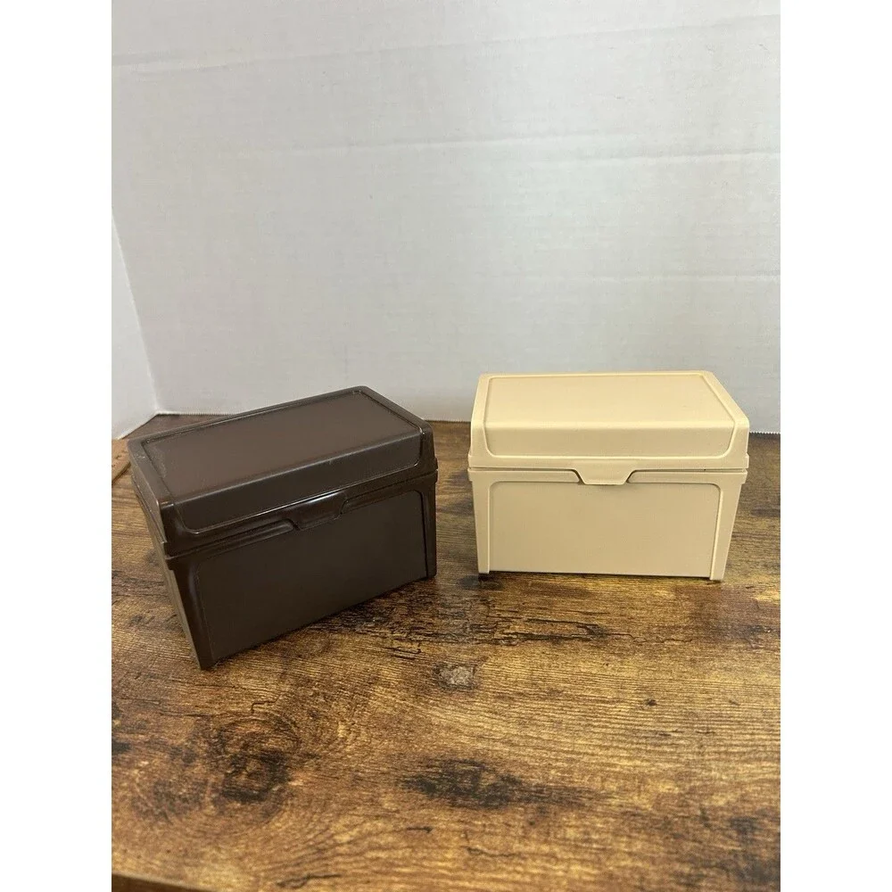 Vintage Plastic Recipe Card File Boxes Brown Tan Mid Century Set of 2 Lot Office